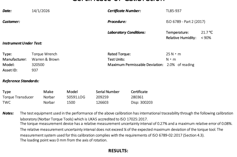 ISO 6789 torque wrench certification declaration of conformance certificate