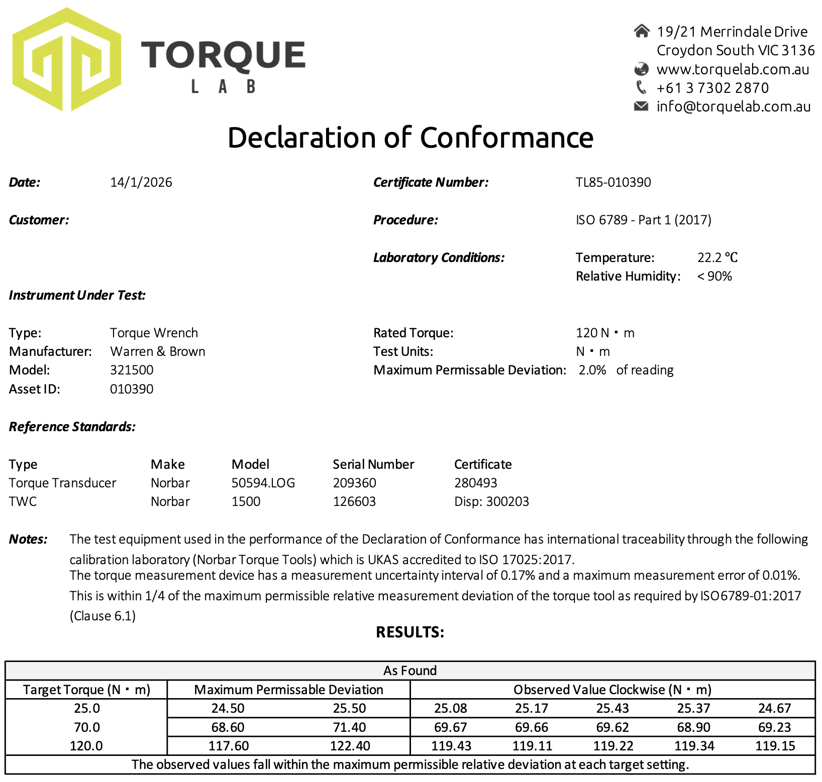 ISO 6789 torque wrench certification declaration of conformance certificate