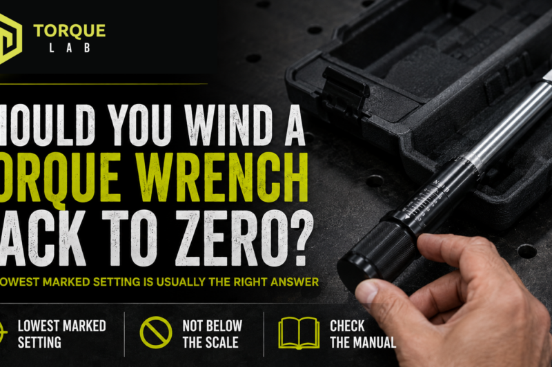 Adjustable click torque wrench being wound down to its lowest marked setting before storage in a protective case.