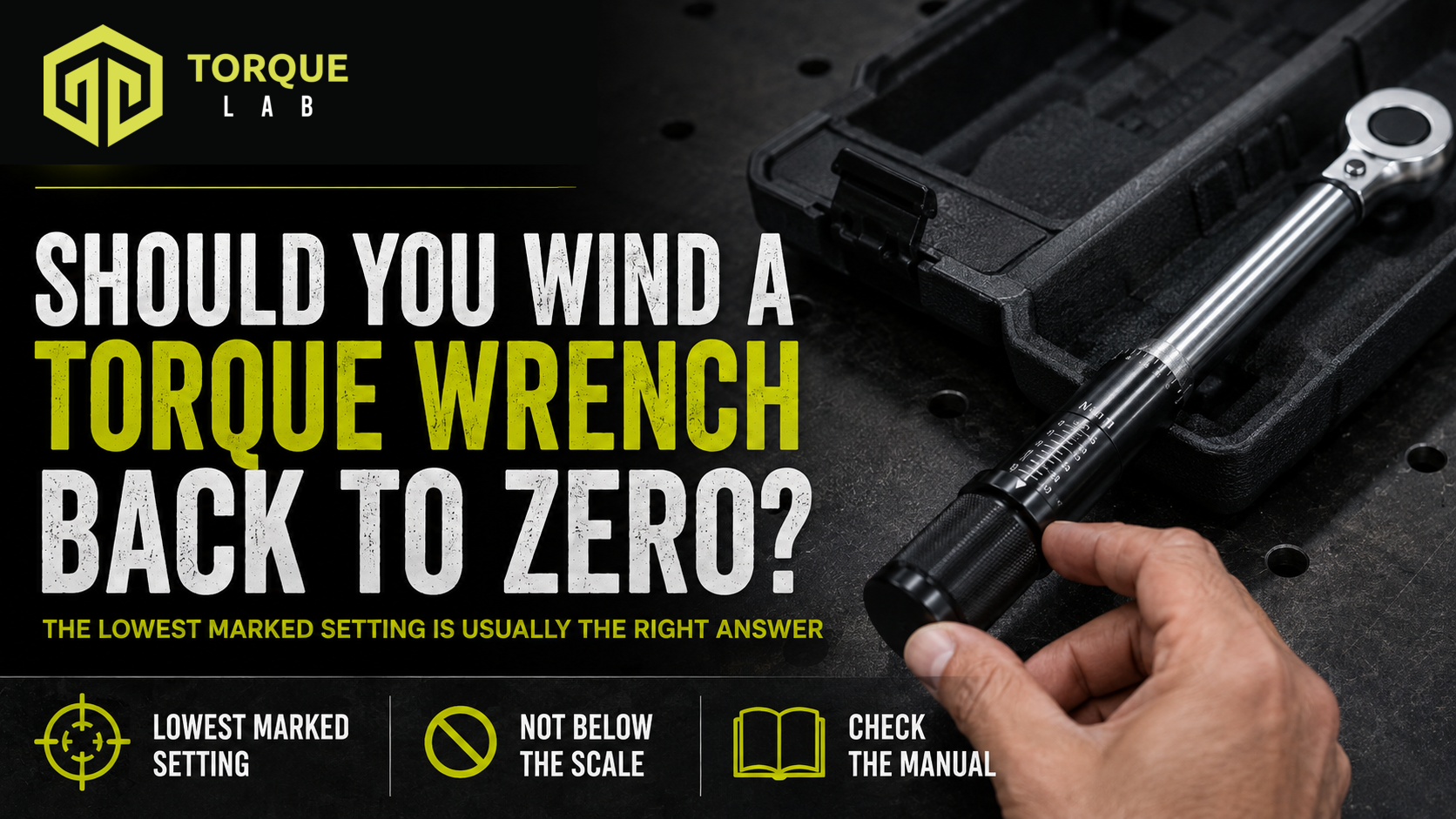Adjustable click torque wrench being wound down to its lowest marked setting before storage in a protective case.