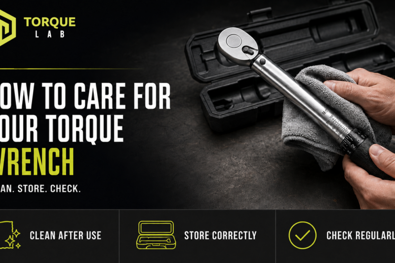 Technician cleaning a torque wrench beside its protective storage case