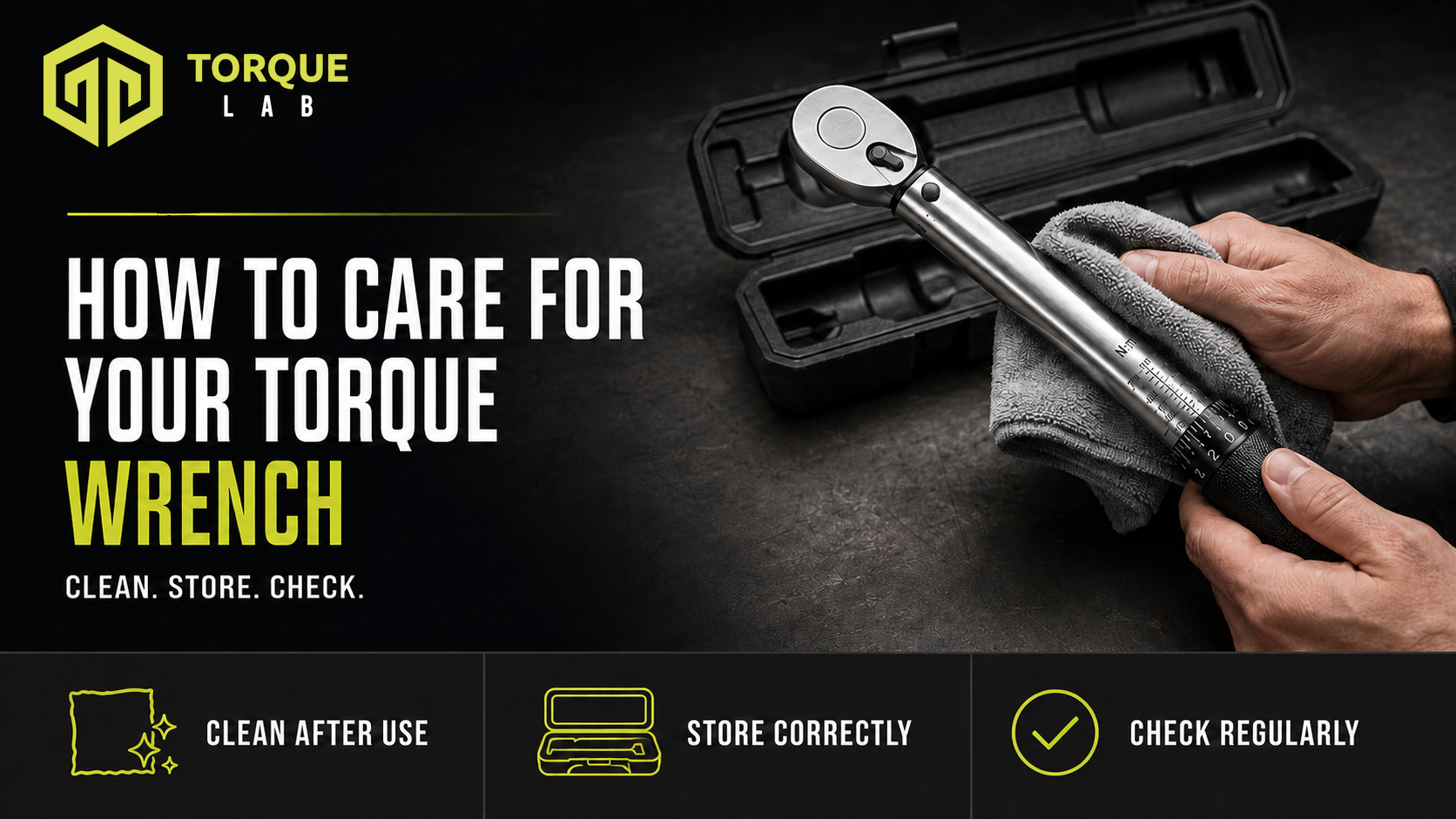 Technician cleaning a torque wrench beside its protective storage case