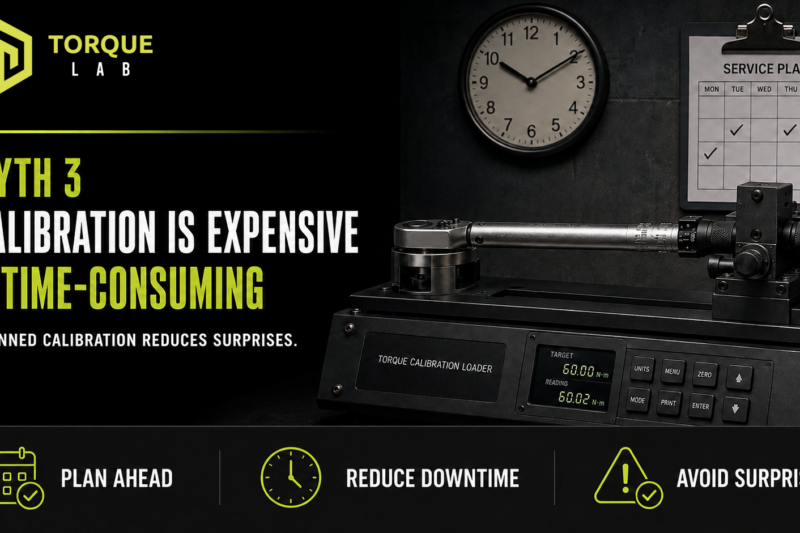 Torque wrench mounted flat in a calibration tester beside a clock and service plan, illustrating planned calibration costs and turnaround time.