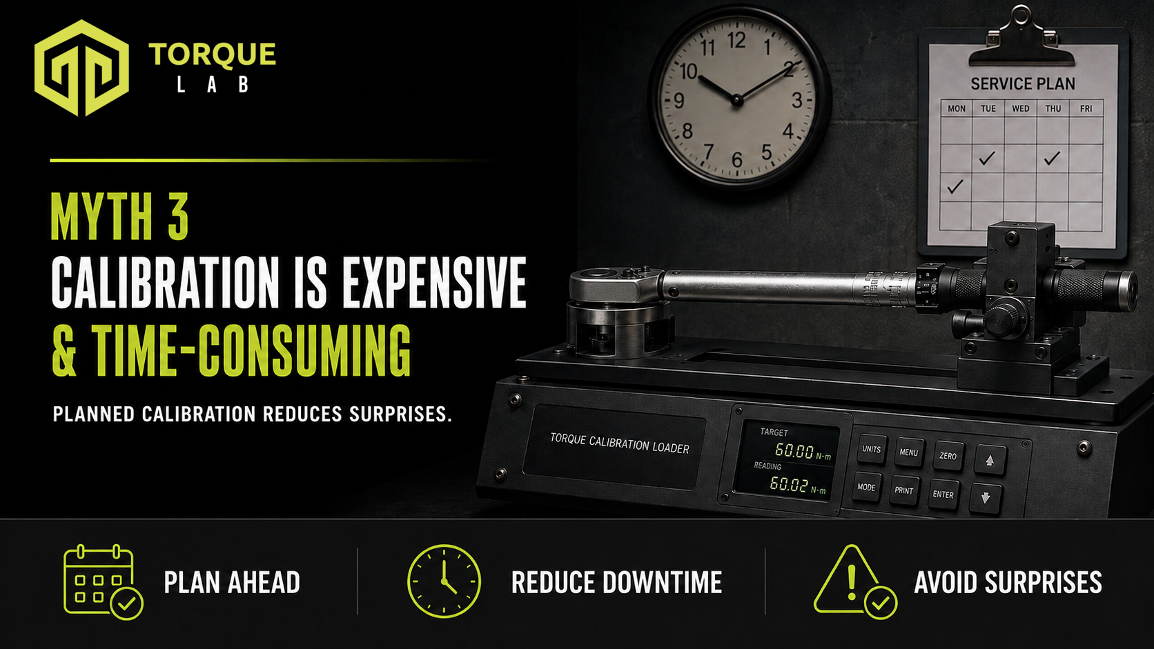 Torque wrench mounted flat in a calibration tester beside a clock and service plan, illustrating planned calibration costs and turnaround time.