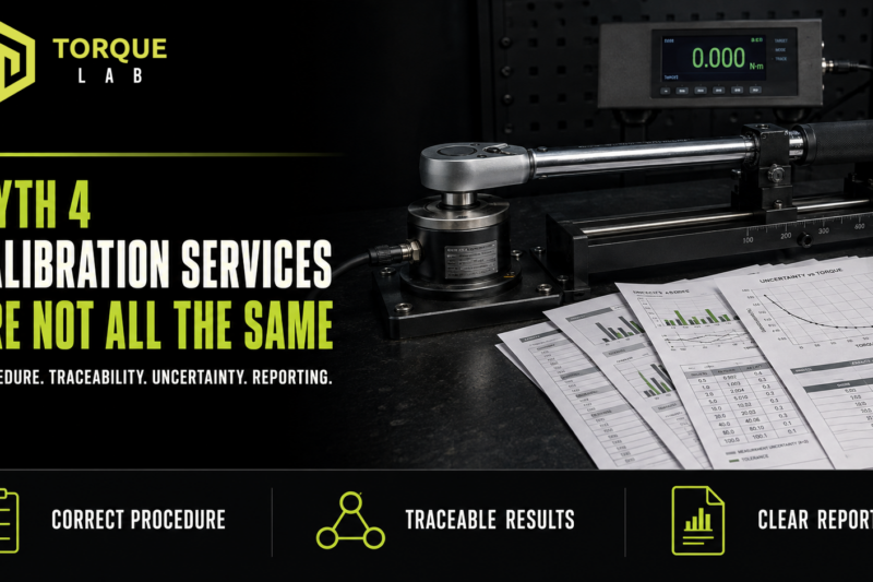 Torque wrench mounted in a professional calibration system beside technical reports, illustrating differences between calibration services.