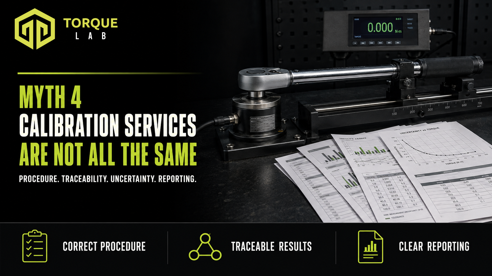 Torque wrench mounted in a professional calibration system beside technical reports, illustrating differences between calibration services.