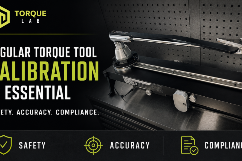 Large hand torque wrench mounted horizontally on a professional torque calibration bench, illustrating safety, accuracy and compliance.