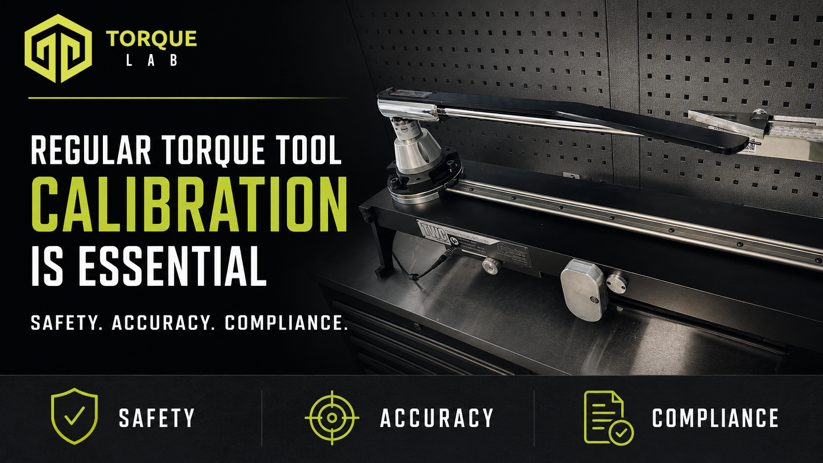 Large hand torque wrench mounted horizontally on a professional torque calibration bench, illustrating safety, accuracy and compliance.
