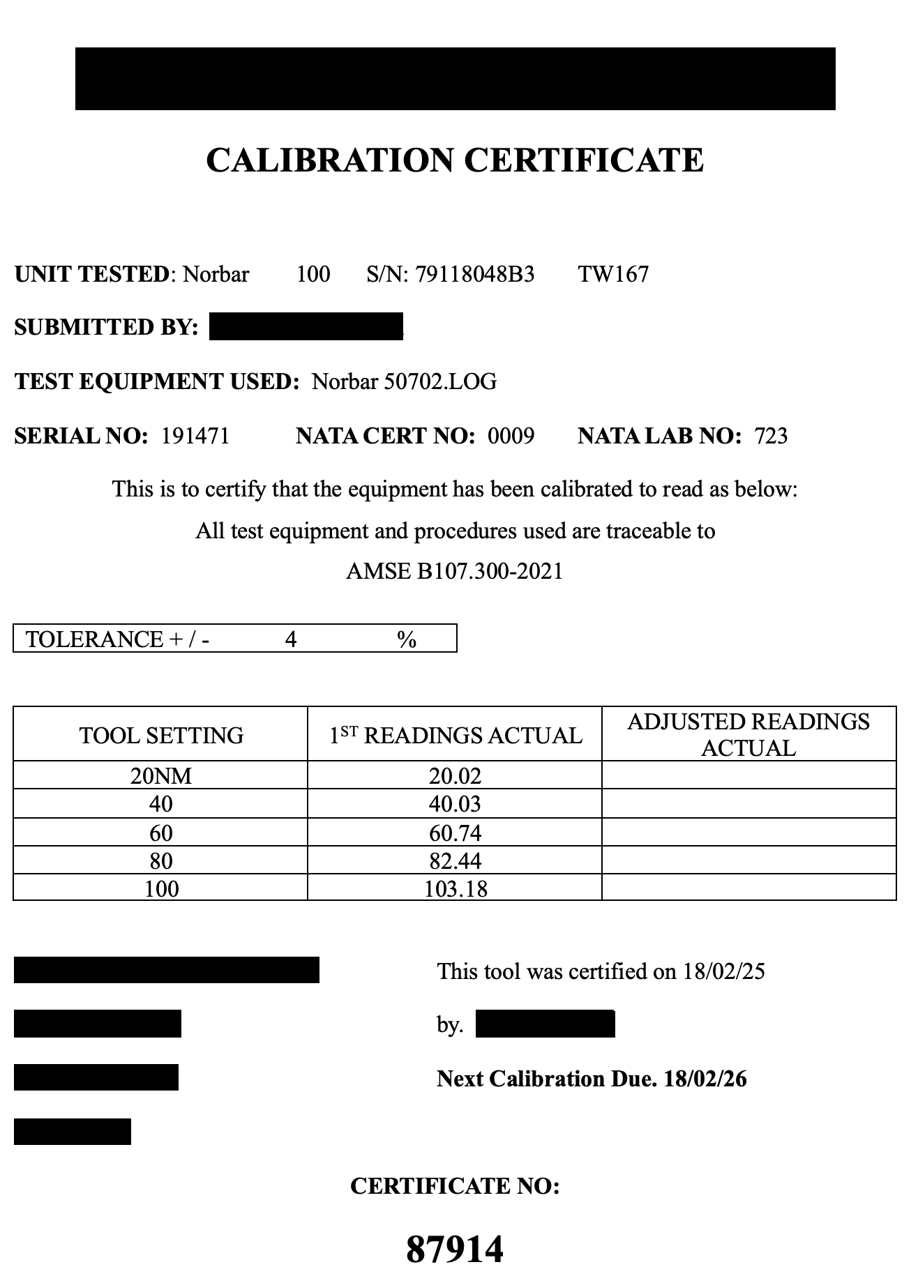 Dodgy Torque Wrench Calibration Certificate