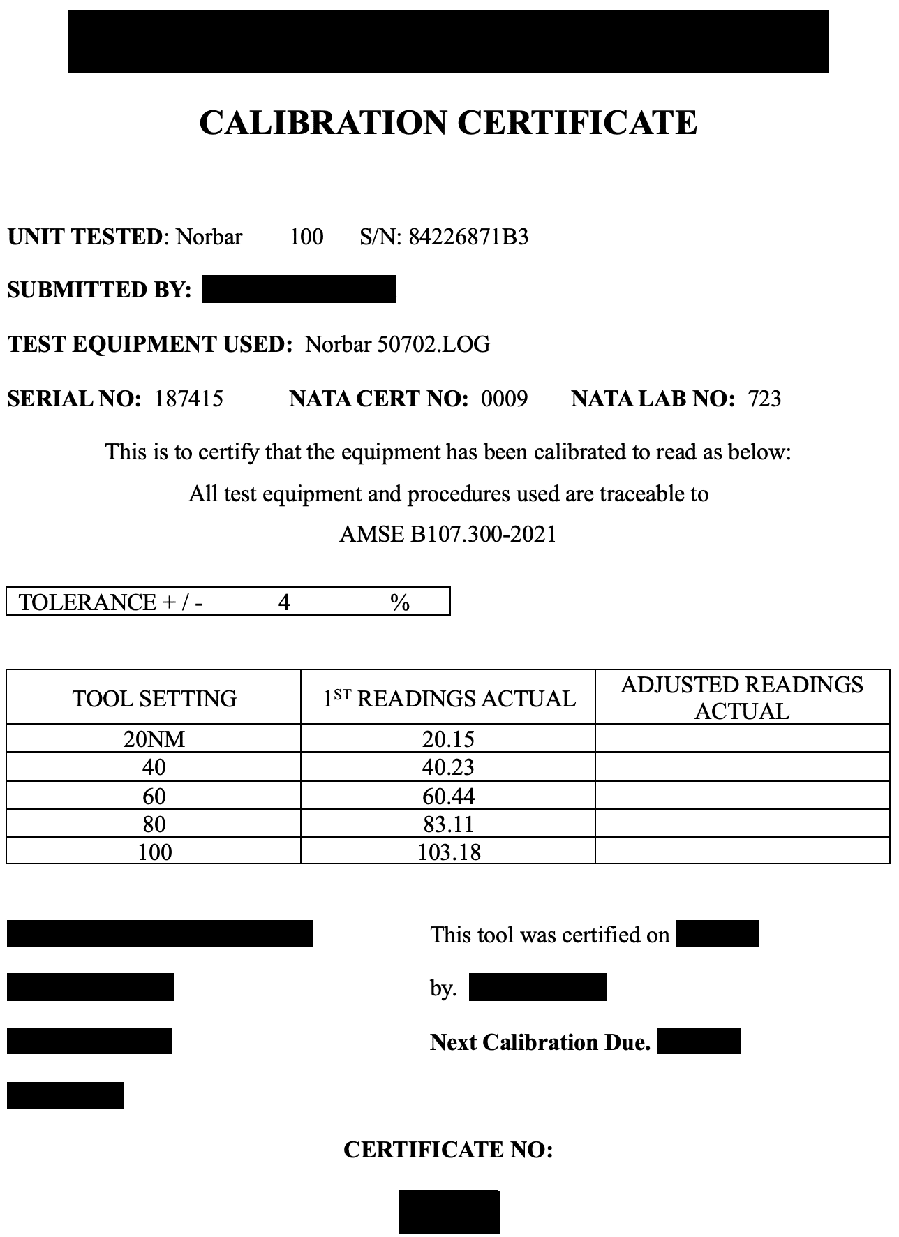 Dodgy Torque Wrench Calibration Certificate