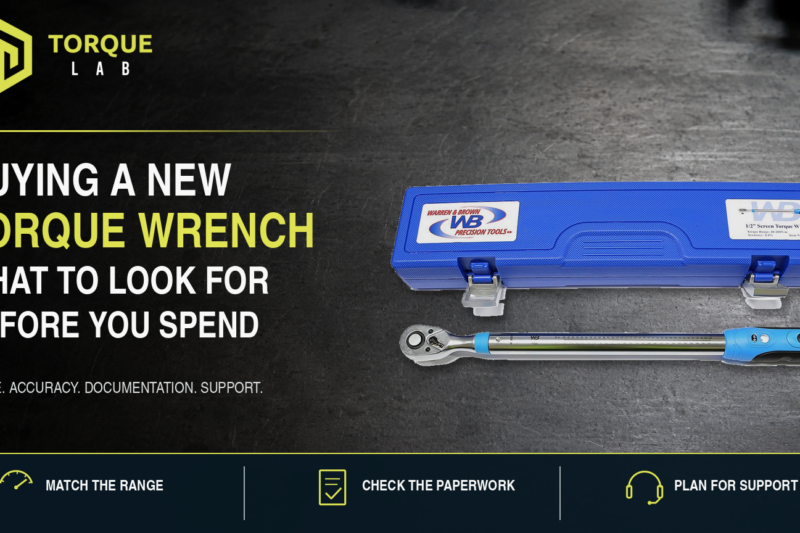 Buying a new torque wrench shown beside its blue protective case on a workshop bench