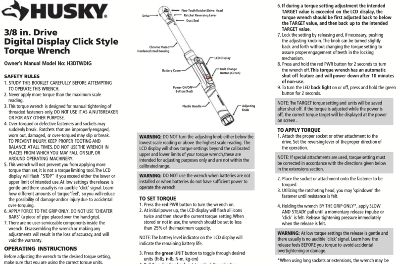 Husky digital torque wrench manual showing manufacturer usage instructions and safety warnings