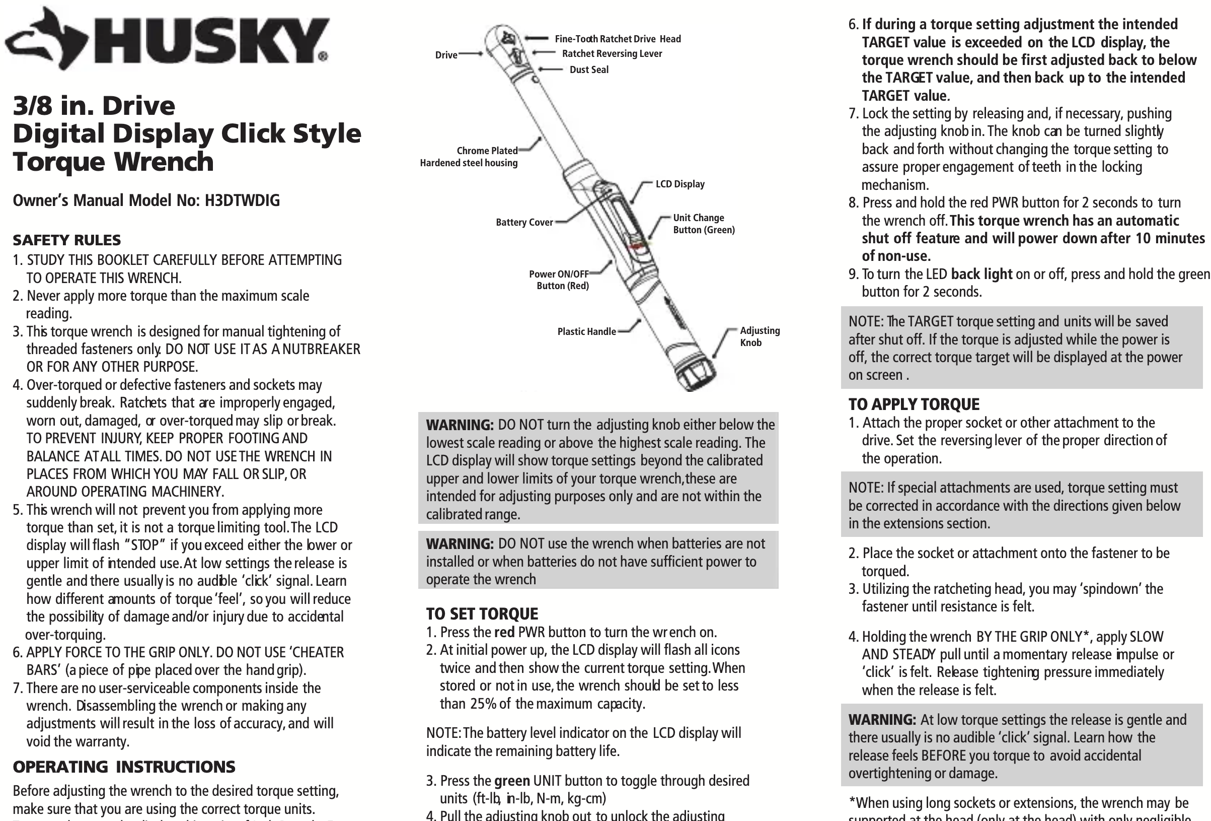 Husky digital torque wrench manual showing manufacturer usage instructions and safety warnings