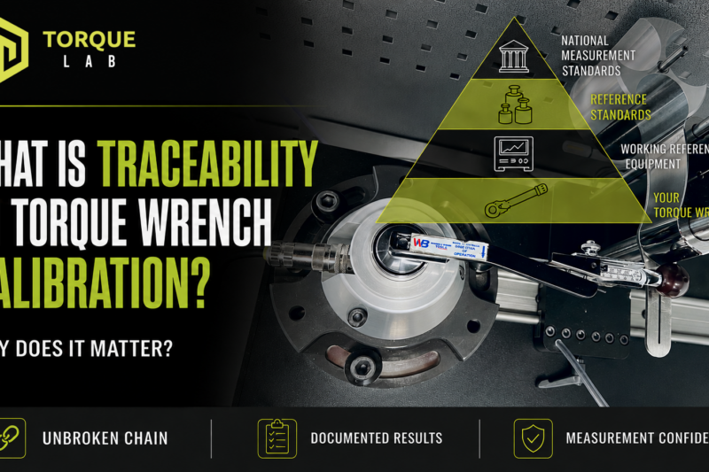 Traceability in torque wrench calibration shown through a pyramid linking laboratory equipment to national measurement standards.