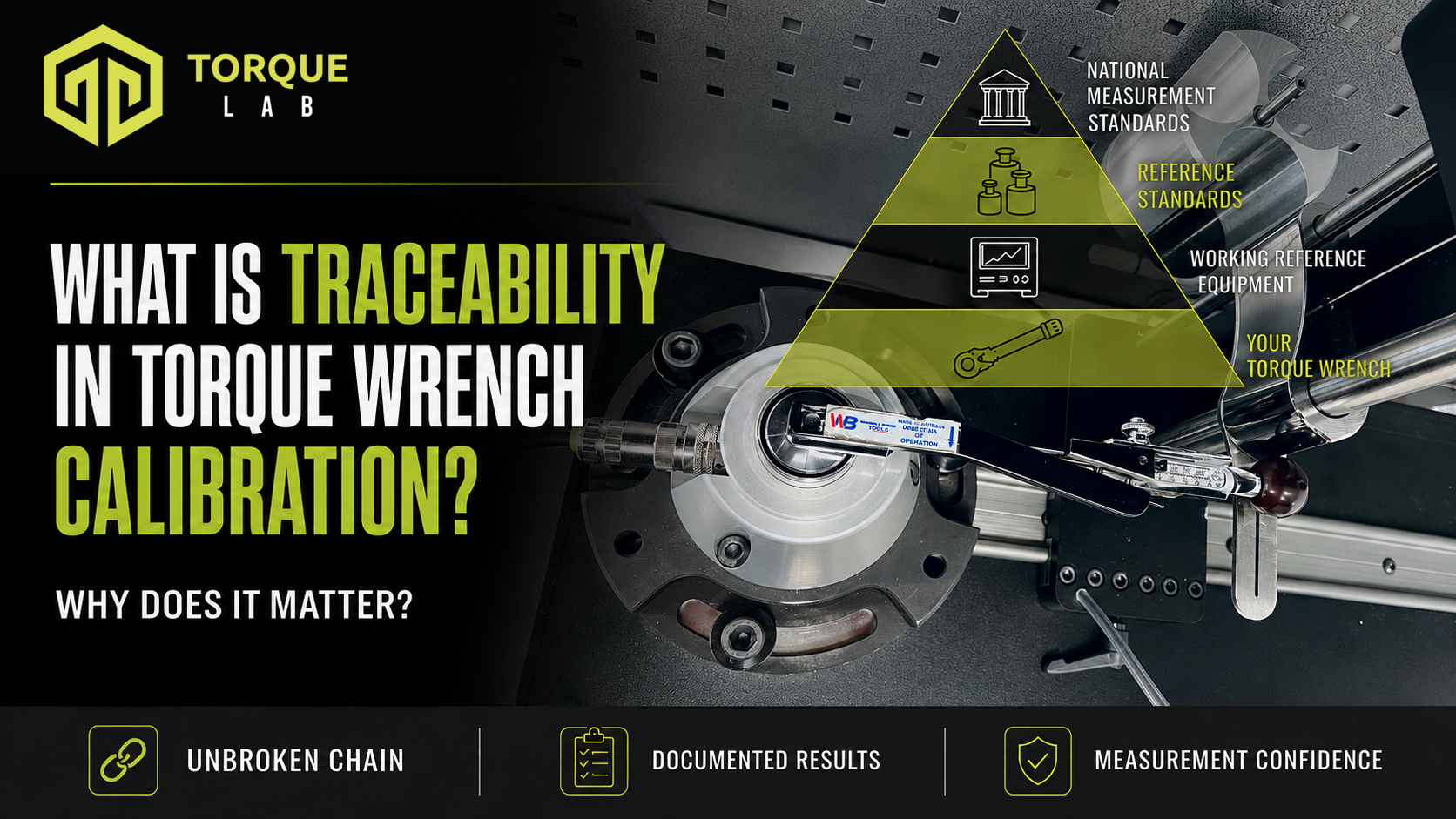 Traceability in torque wrench calibration shown through a pyramid linking laboratory equipment to national measurement standards.