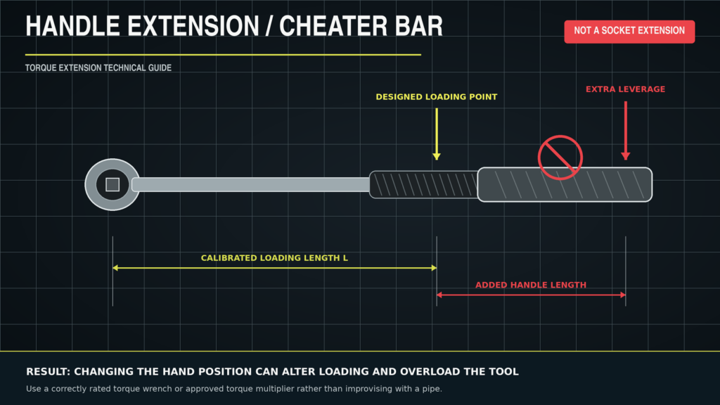 Handle extension moving the hand beyond the designed torque wrench loading point