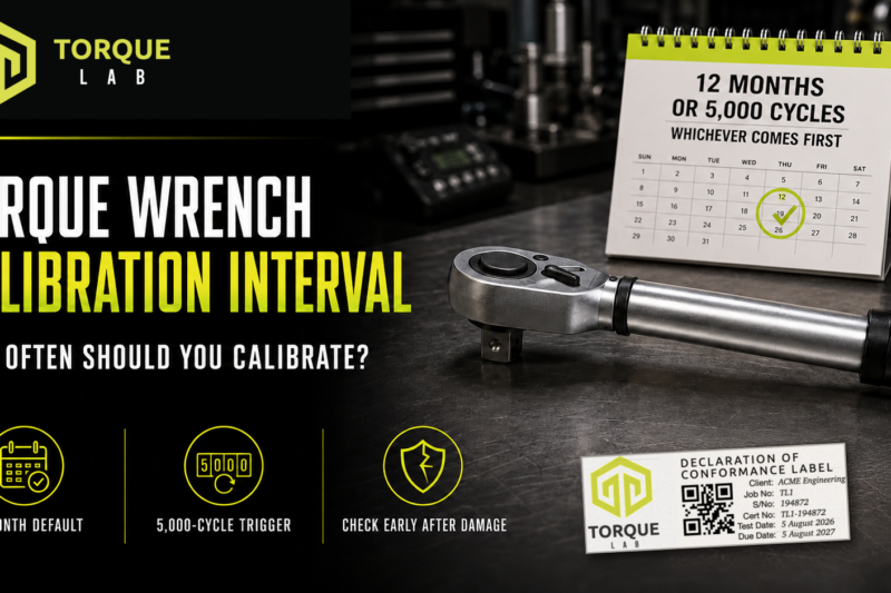 Torque wrench calibration interval shown with a workshop-worn calibration label and 12-month calendar