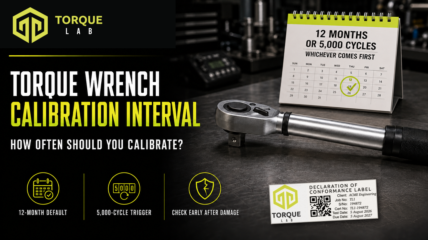 Torque wrench calibration interval shown with a workshop-worn calibration label and 12-month calendar