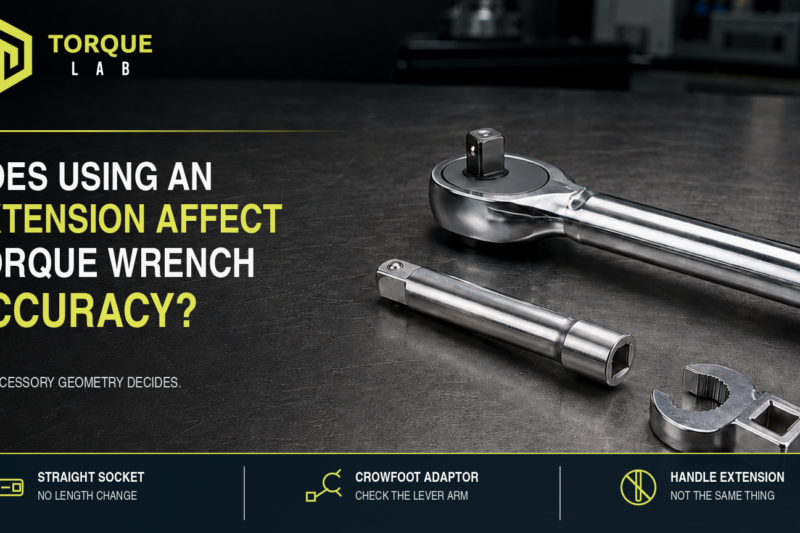 Torque wrench extension accuracy shown with an enlarged torque wrench, straight socket extension and crowfoot adaptor