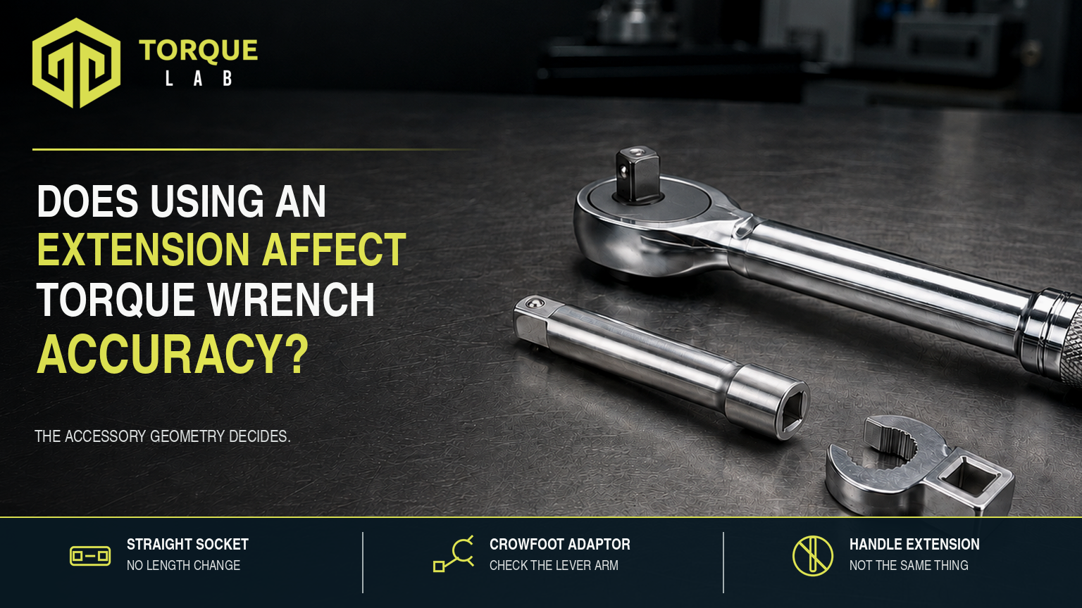 Torque wrench extension accuracy shown with an enlarged torque wrench, straight socket extension and crowfoot adaptor