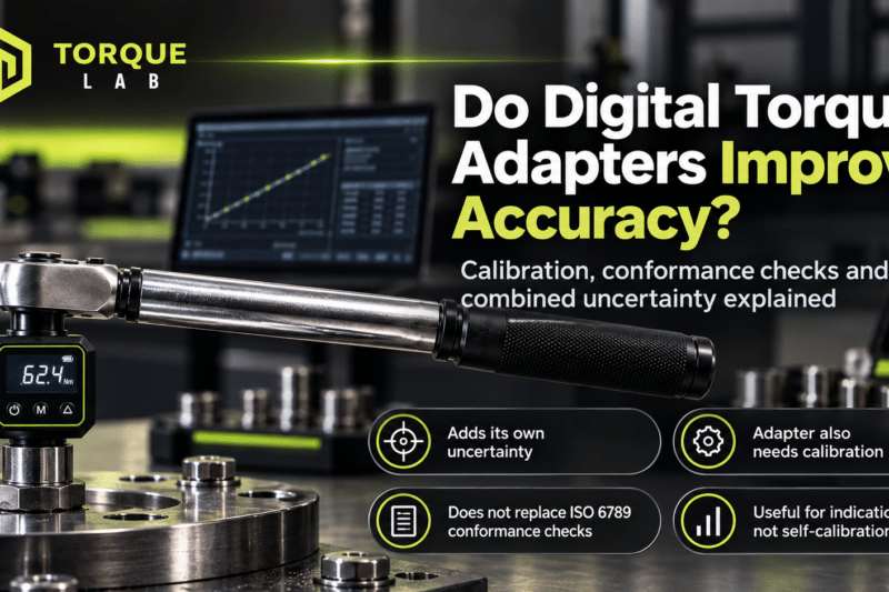 Digital torque adaptor fitted to a torque wrench, illustrating accuracy, calibration, conformance checks and measurement uncertainty.