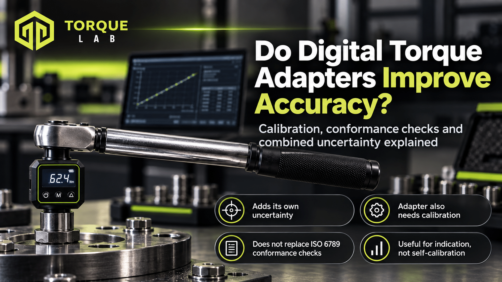 Digital torque adaptor fitted to a torque wrench, illustrating accuracy, calibration, conformance checks and measurement uncertainty.
