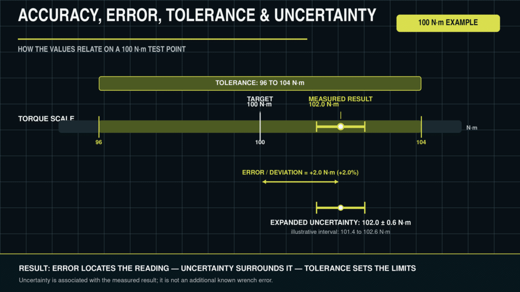 Torque wrench target, measured result, error, tolerance and measurement uncertainty compared on one scale